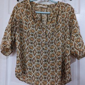 Fit 2 Fun Orange, Black and Green Geometric Pattern 3/4 Sleeve V-neck Blouse